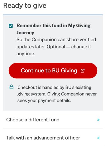 Ready to give panel with an optional 'Remember this fund' checkbox and a Continue to BU Giving button.