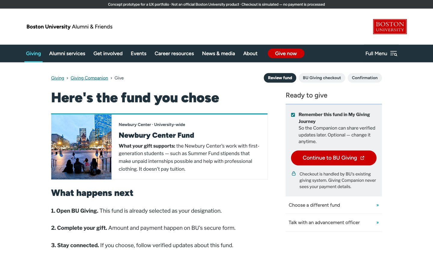 Give page: the chosen Newbury Center Fund, what happens next in three steps, and a 'Continue to BU Giving' button with a note that checkout is handled by BU's existing system.