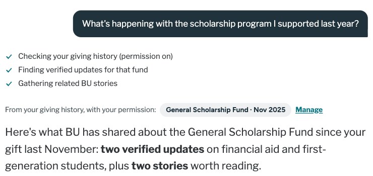 Progress steps including 'Checking your giving history (permission on)' with a Manage link.