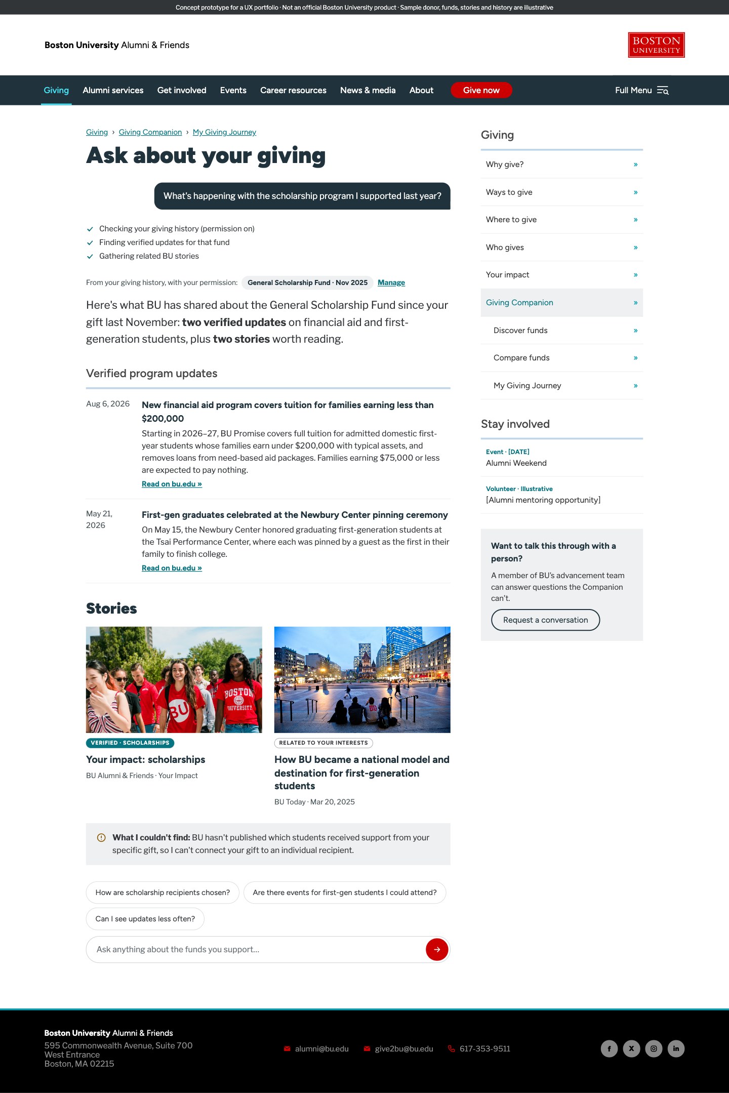 My Giving Journey: the donor's question, progress steps, the fund and gift date used with permission, two verified program updates, and related stories.