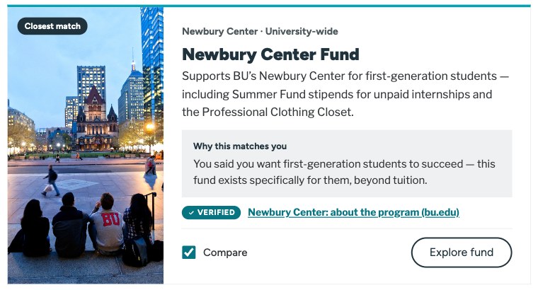 Fund card with a 'Why this matches you' explanation, a verified badge and a source link.