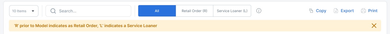 Actions: rows-per-page, search, a filter for all, retail order or service loaner, and copy, export and print.