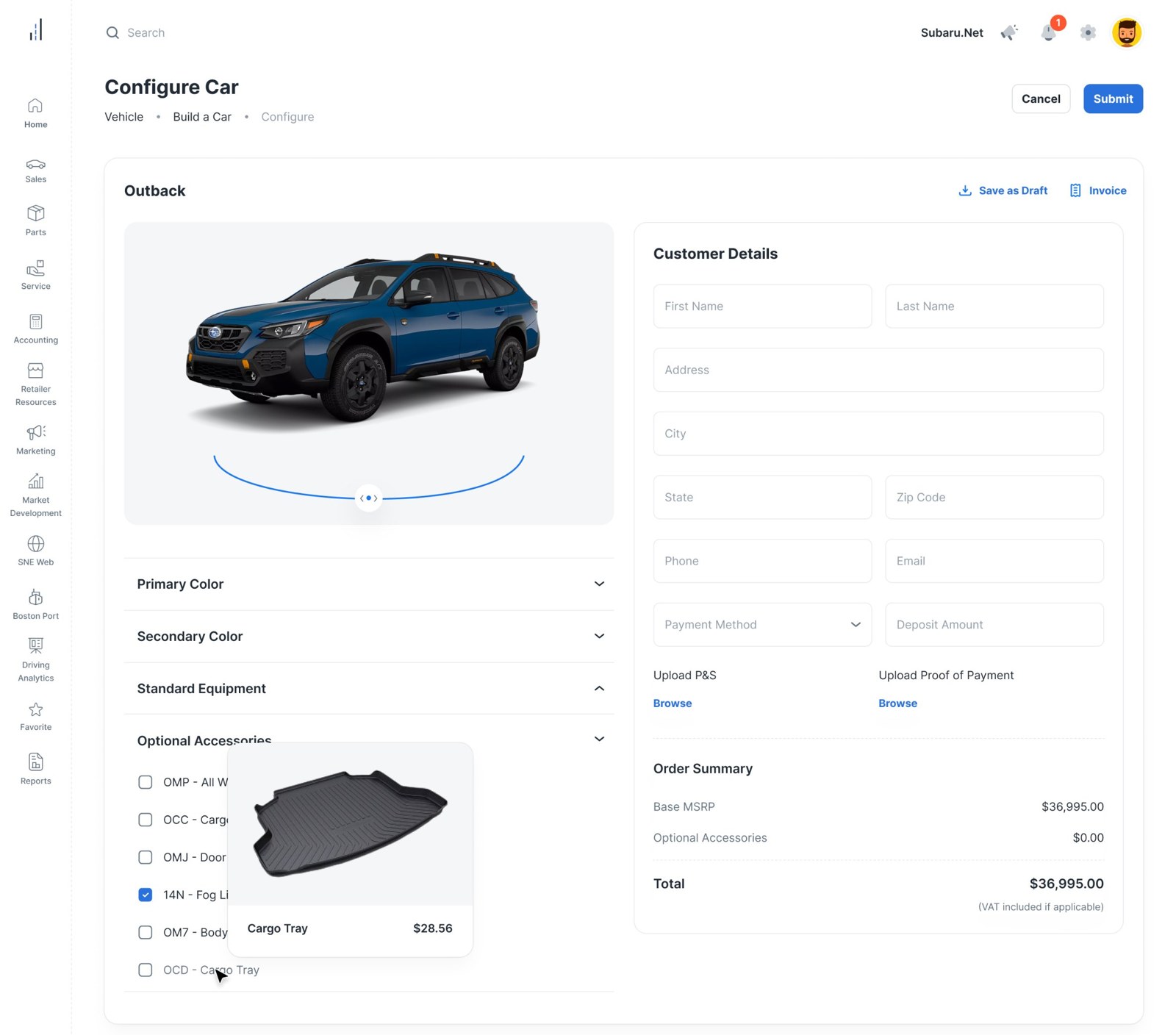 Build a Car screen: configuring an Outback with colors and accessories beside customer details and an order summary.